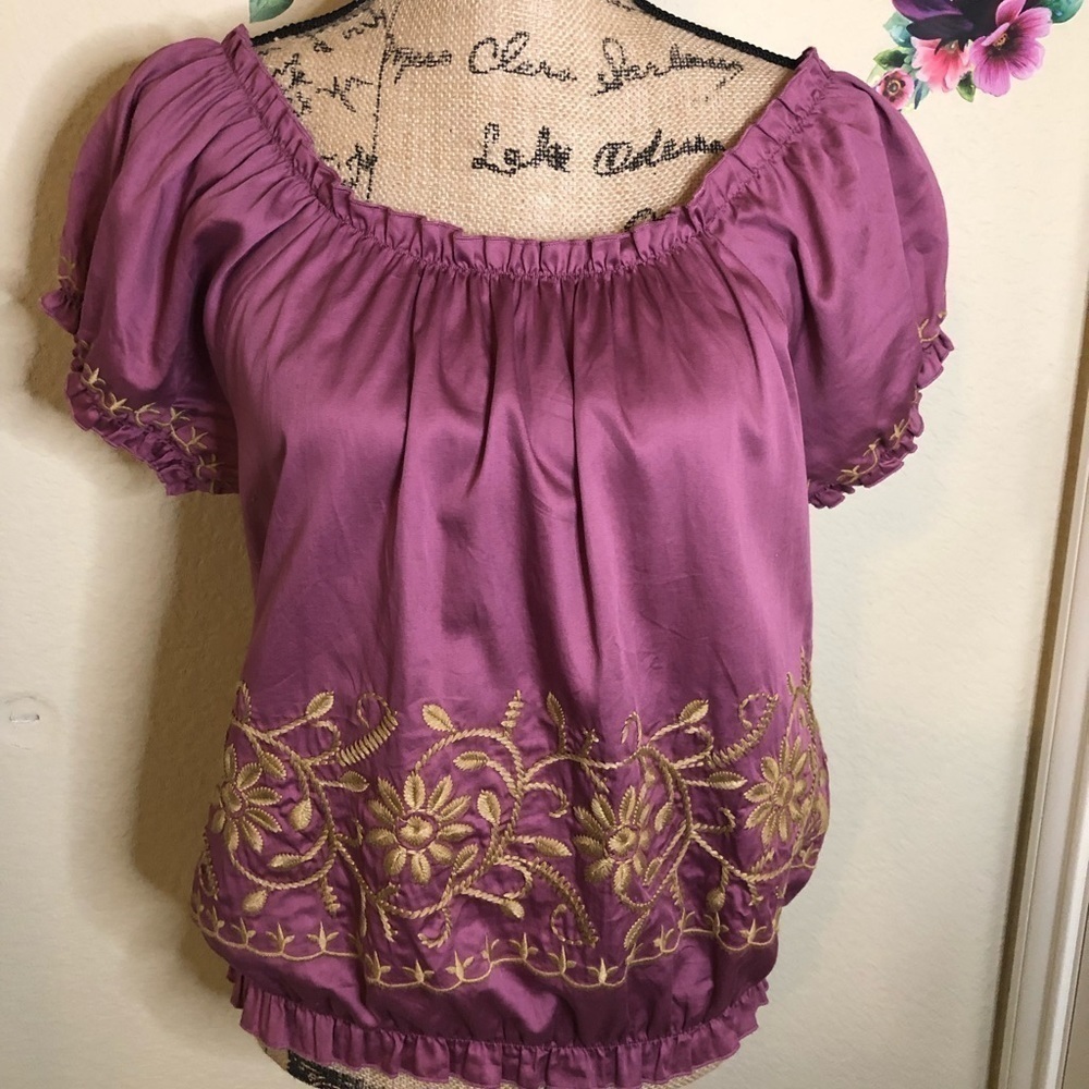 Ivy Jane Top Embroidered Dusty Rose w Gold Peasant Top On or Off Shoulder Sz XS